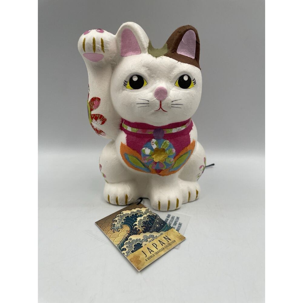 NEW 5” Hand Made Paper Mache Kyugetsu Doll Cat “Maneki-Neko” Made In Japan